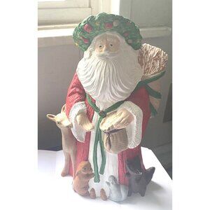 Vintage Santa Figurine Ceramic Woodland Animals Wreath Hat Father Christmas